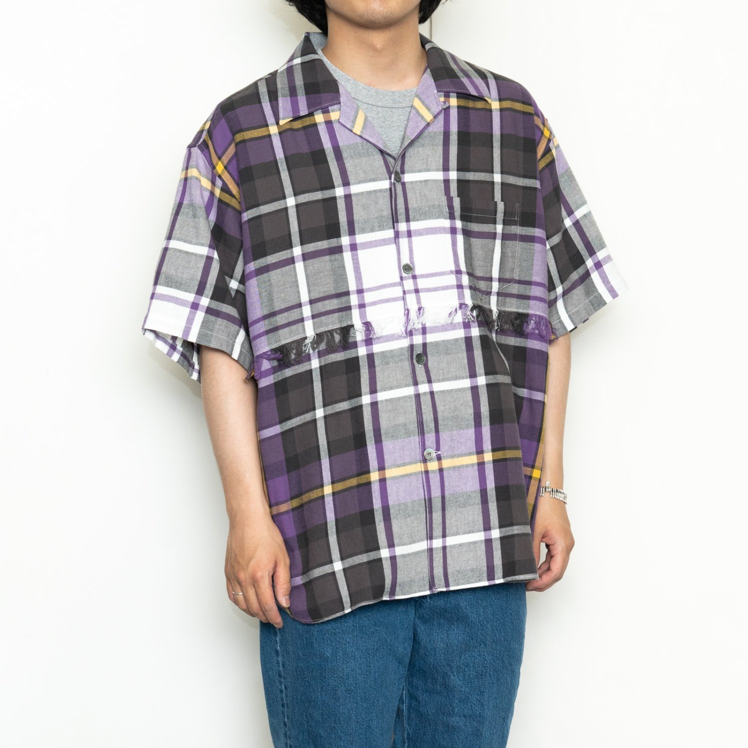 UNUSED * US2158 Fringe Short Sleeve Check Shirt * Purple/Yellow
