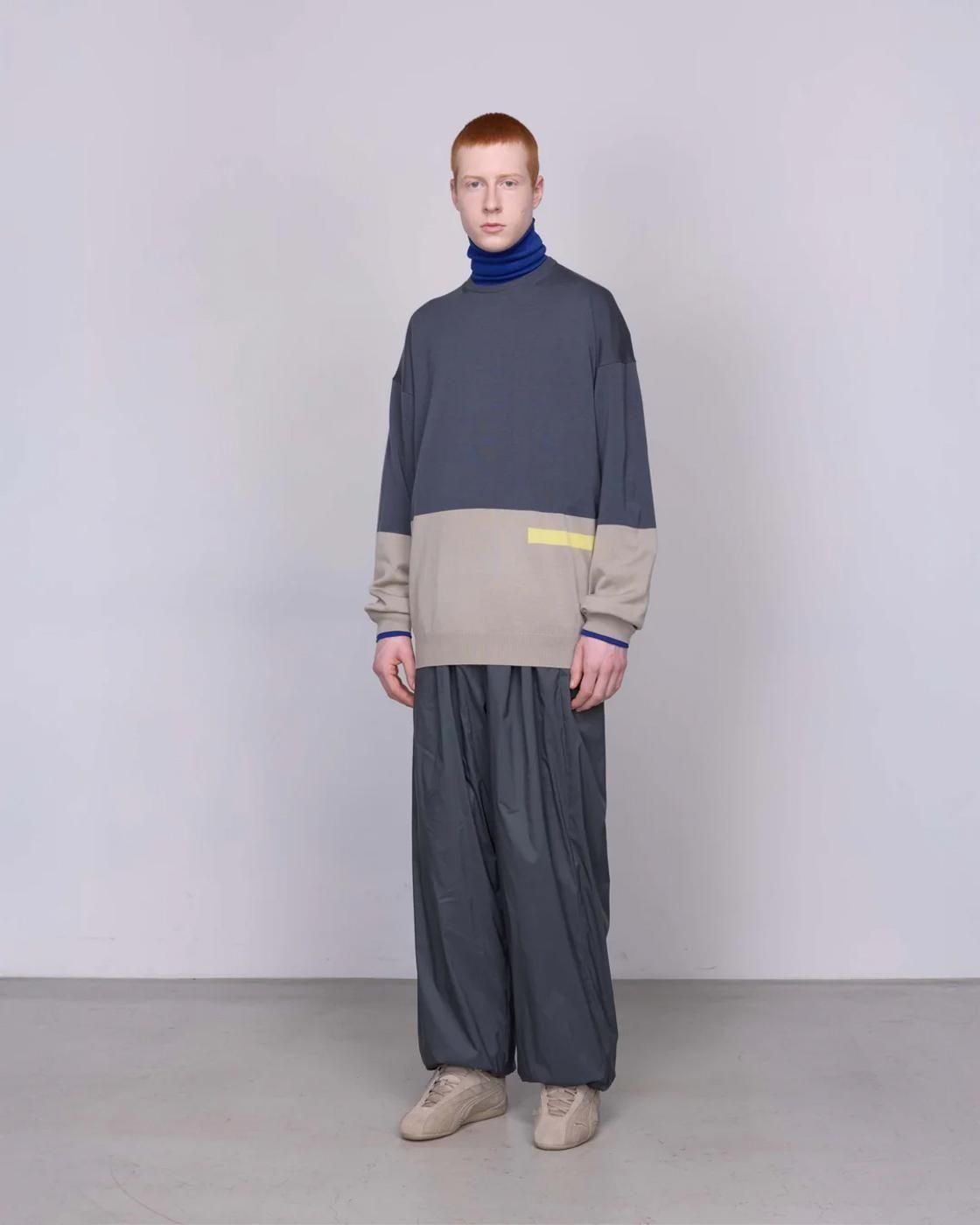 Graphpaper * GU253-80484 High Gauge Intarsia L/S Oversized Crew Neck Knit * Gray/Grege