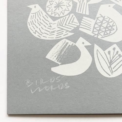 BIRDS' WORDS】SILK SCREEN（BIRDS & FLOWERS/グレー×ホワイト