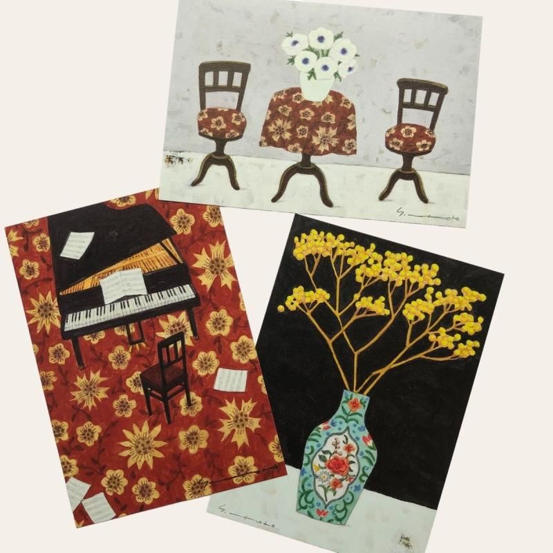 マツモトヨーコ ドローイング 絵画 「微妙な関係」 ポピーと季節の花ば