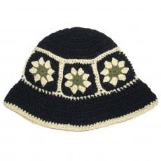 Crochet Bucket Hat Flower / Black x Beige x Olive