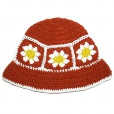 Crochet Bucket Hat Flower / Red x White x Yellow