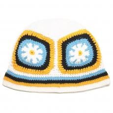 Crochet Bucket Hat Flower / White x Blue x Orange