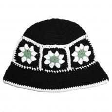 Crochet Bucket Hat Flower / Black x White x Olive