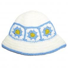 Crochet Bucket Hat Flower / White x Blue x Yellow