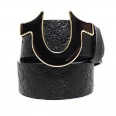 True Religion Embossed Monogram Horseshoe Buckle Belt / Black x Gold
