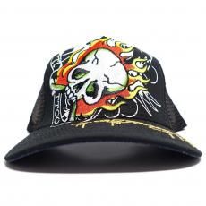 Ed Hardy Embroidered Fire Skull Trucker Mesh Cap / Black