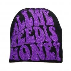 Rhinestone Skullcap Beanie All We Need Is Money / Black x Purple