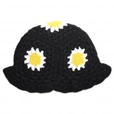 Crochet Bucket Hat Flower / Black x White x Yellow