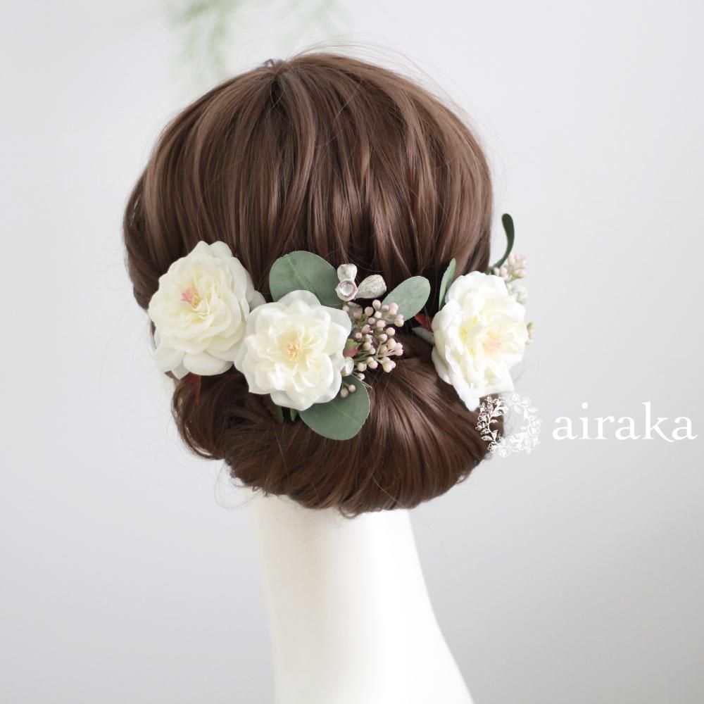 アーティフィシャルフラワー(造花)のアンティークベリーとバラの髪飾り(白)_airaka