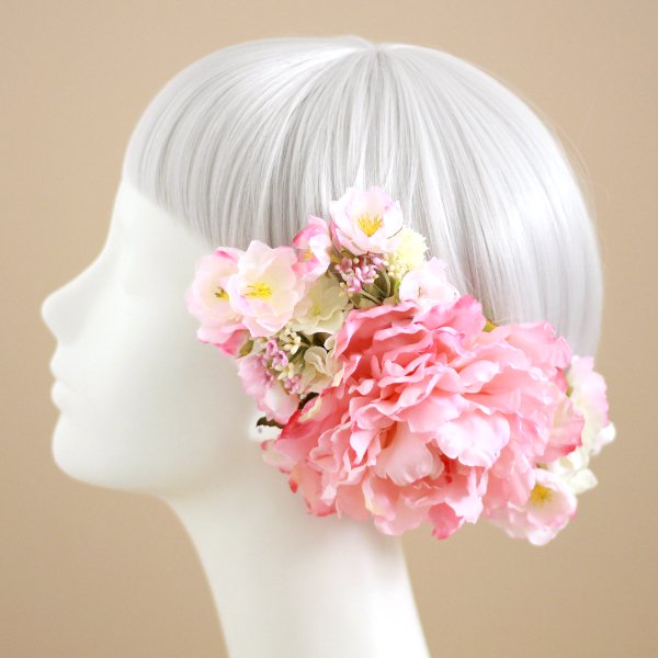 アーティフィシャルフラワー(造花)の桜と芍薬の髪飾り(ピンク)_airaka