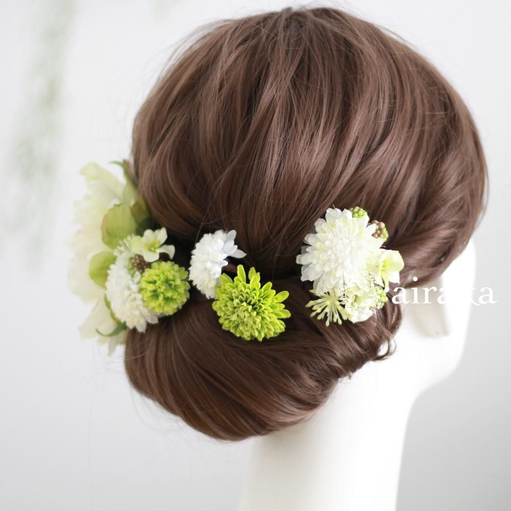 アーティフィシャルフラワー(造花)の芍薬とポンポンマムの髪飾り(白)_airaka