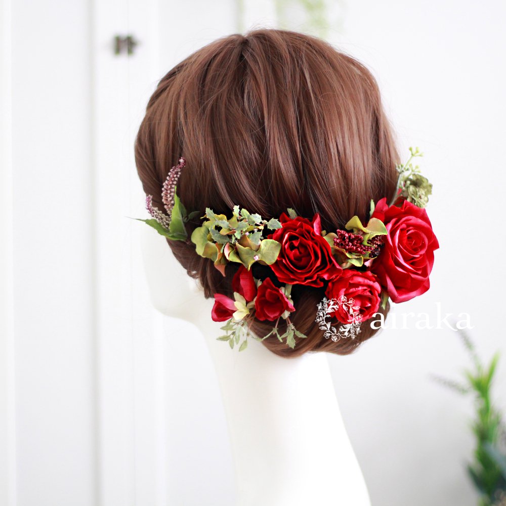 クラシックローズの髪飾り(赤) - airaka｜花飾りのアトリエ