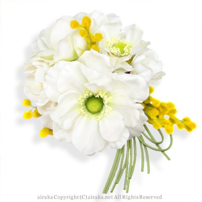 ミモザとアネモネの髪飾り 白 Airaka 花飾りのアトリエ
