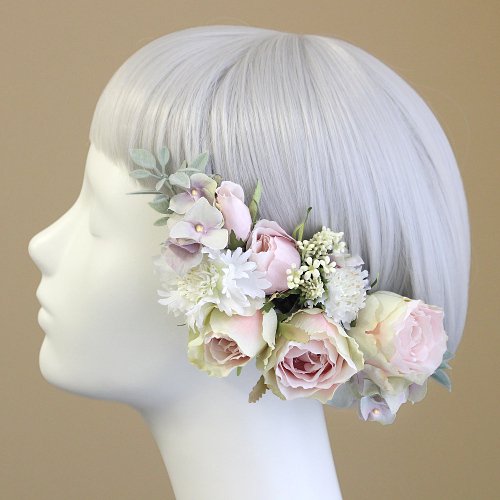 バラと野花の髪飾り ピンク Airaka 花飾りのアトリエ