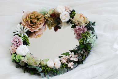 Flower mirror  グリーン＆スモーキーピンク