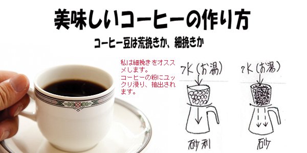 コーヒーの粉は細挽きを推奨。お湯がユックリと粉に浸って、コーヒーが抽出されます。