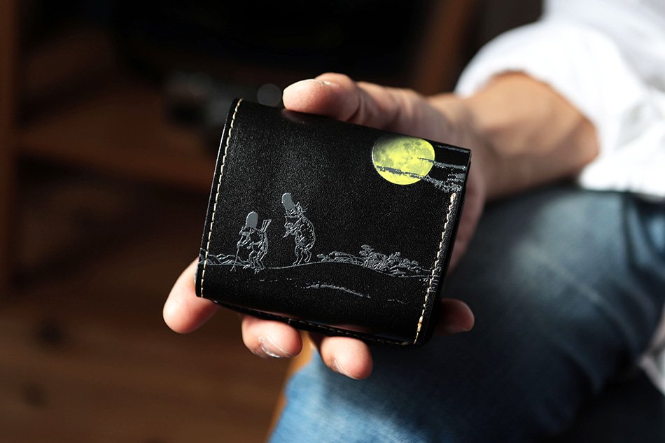 小さい財布 小さいふ。日本の伝統紋様シリーズ「コンチャ 鳥獣戯画」黒