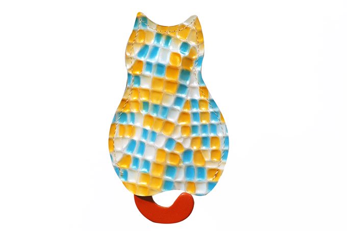 ステンドグラスシリーズ「猫のうしろすがたをしたキーケース  stendglass　ミス・ヘップバーン」猫グッズ 黄×水色