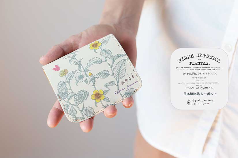 小さい財布 小さいふ。アートシリーズ「コンチャ シーボルト 日本植物誌 ヤマブキ 山吹」栃木レザー 白 ホワイト