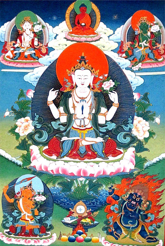 たんか曼荼羅３４３７チェンレジ六字観自在菩薩 ネパール、アジア、世界不思議雑貨販売のイトウ・ショウジ