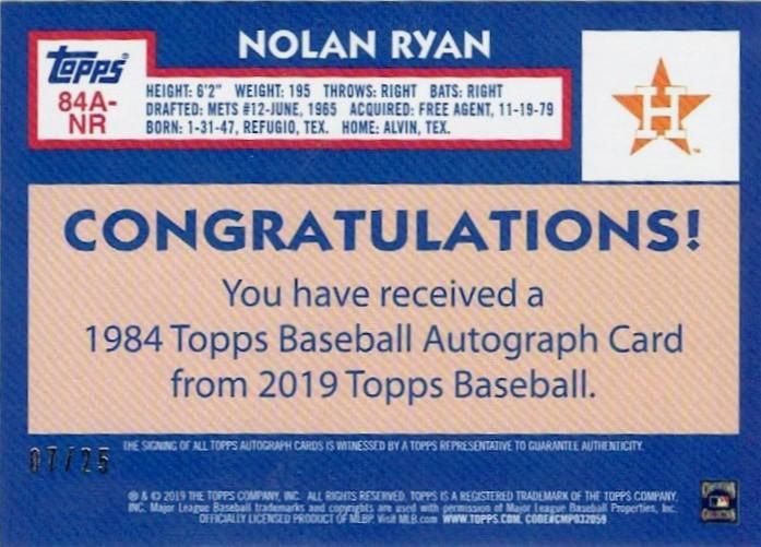 2019 TOPPS SERIES1 1984 Baseball Autograph Card Red Nolan 2019 TOPPS SERIES1 1984 Baseball Autograph Card Red Nolan
