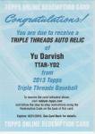 TOPPS Triple Threads 2013 Yu Darvish Auto Relic CARD Redemption 18 Ź ˽