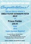 TOPPS 2013 SUPREME ASIA Autograph Patch Relic Redemption Card Prince Fielder Ź 