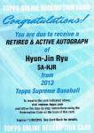 TOPPS 2013 SUPREME ASIA Autograph Card Hyun-Jin Ryu ڡ Ź Ρ٥