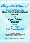 2014 TOPPS TRIPLE THREADS Redemption Gold Auto&Relic Miguel Cabrera  9 ëŹ