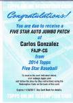 2014 TOPPS FIVE STAR BASEBALL Redemption Autographed Jumbo Patches Calros Gonzalez 10 ëŹ 