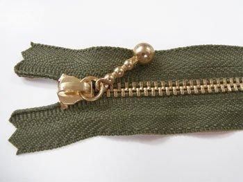 YKK 3G 玉付きファスナー 15cm ゴールド col.566 カーキ