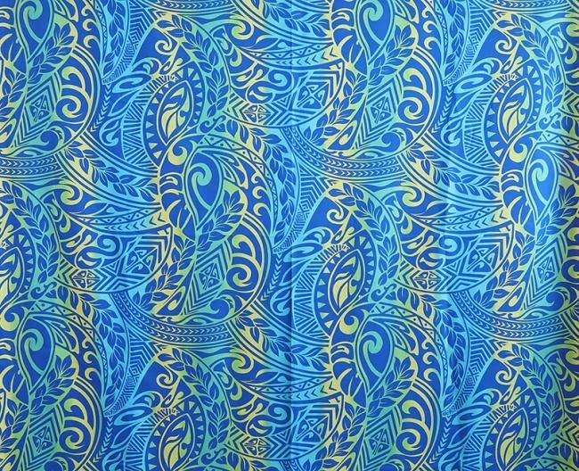 ハワイアンファブリック トライバル柄 ブルー＆イエロー＆グリーン