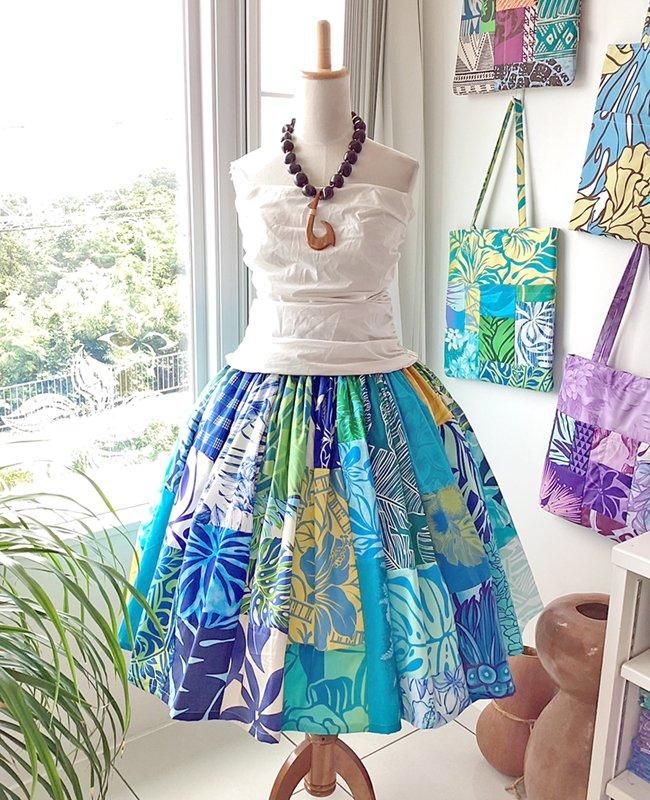 1点もの】Pink Lei オリジナル・パッチパウスカート ミックス・ブルー