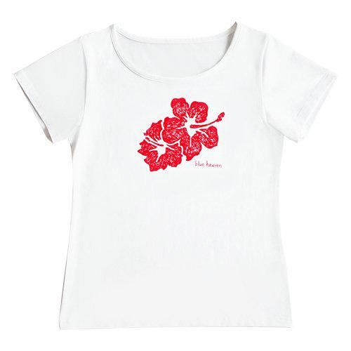 4Lサイズ】半袖 白色 フラTシャツ ハイビスカス柄B（赤