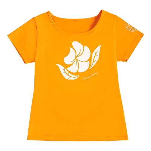 【2Lサイズ】半袖 オレンジ フラTシャツ プルメリア柄（白色）