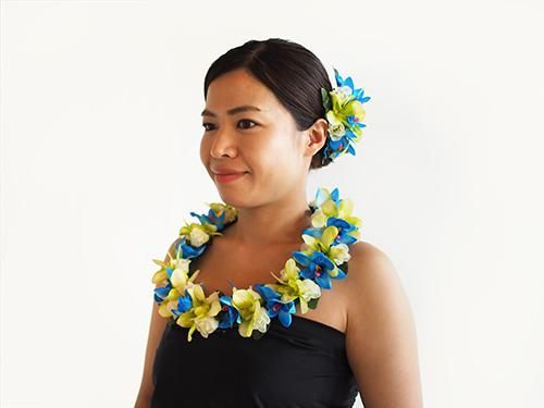 フラダンス　衣装　美品　レイ　クリップ　セット レイ・ヘアクリップセット04 ブルー シンビジューム【お届けまで