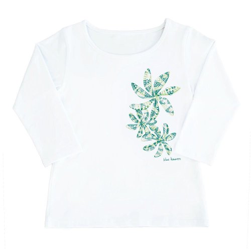 【2Lサイズ】七分袖 白色 フラTシャツ ティアレ柄C タパ （緑）
