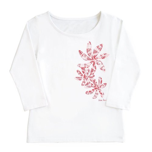 【3Lサイズ】七分袖 白色 フラTシャツ ティアレ柄C タパ （赤）