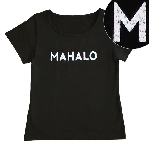 【Lサイズ】半袖 黒色 フラTシャツ “MAHALO“ 白