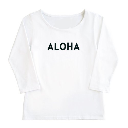 【Lサイズ】七分袖 白色 フラTシャツ  “ALOHA“ 黒