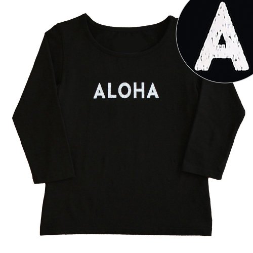 【2Lサイズ】七分袖 黒色 フラTシャツ “ALOHA“ 白