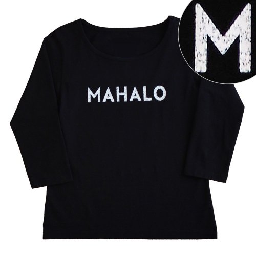 【Lサイズ】七分袖 黒色 フラTシャツ “MAHALO“ 白