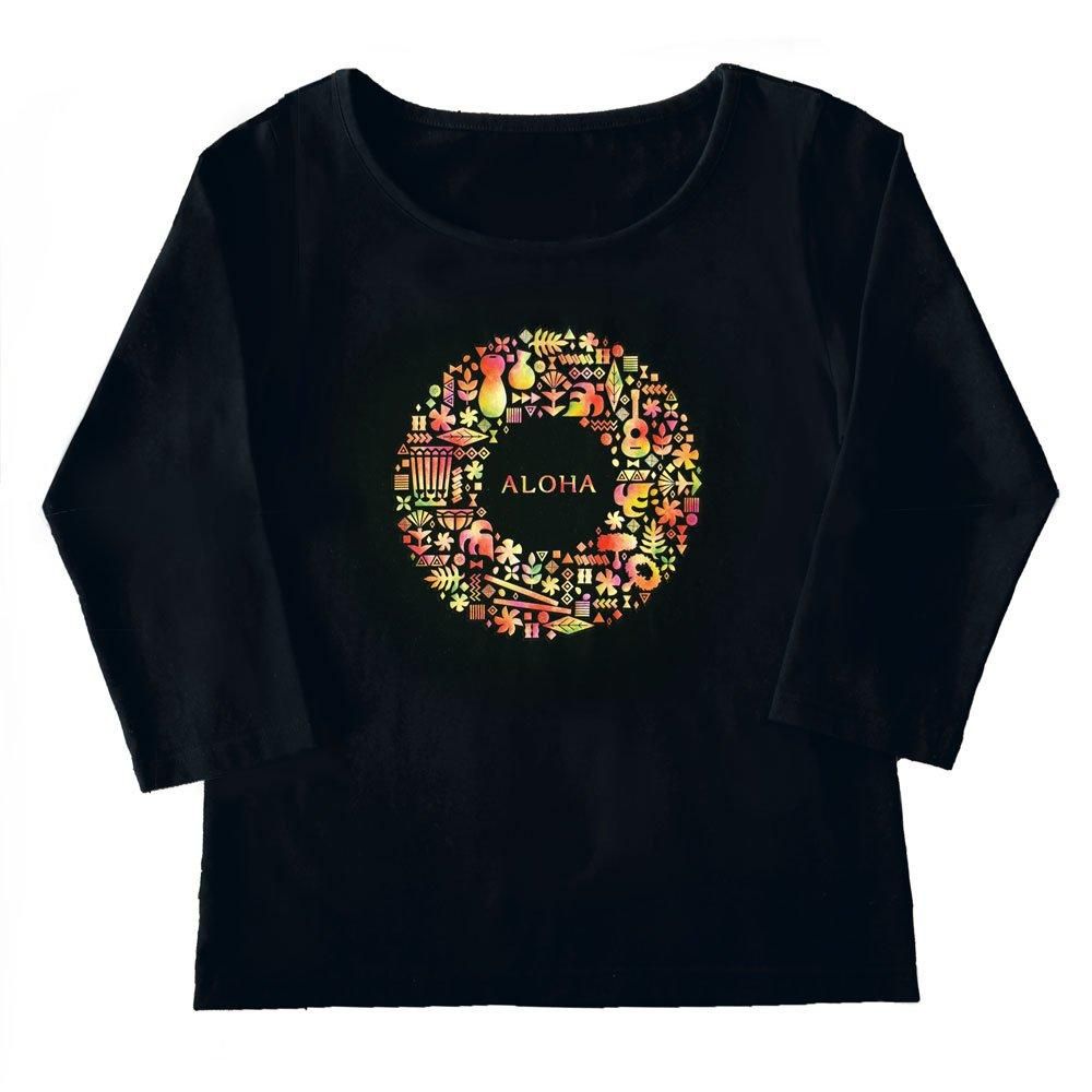 Lサイズ 七分袖 黒色 フラtシャツ ハワイアンリース柄 Anuenue アーヌエヌエ フラダンス 衣装 パウスカートの通販ショップ ブルーヘヴンカンパニー Lサイズ 七分袖 黒色 フラtシャツ ハワイアンリース柄 Anuenue アーヌエヌエ フラダンス 衣装 パウスカートの通販ショップ ブルーヘヴンカンパニー