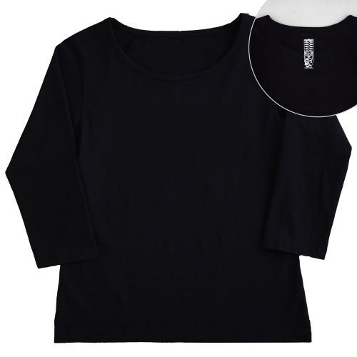 【3Lサイズ】七分袖 黒色 フラTシャツ ［フロント 無地 / バック ティキ］