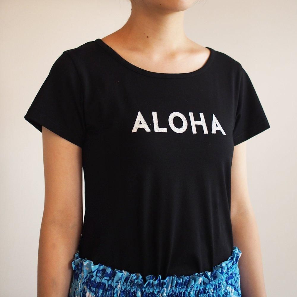 Lサイズ】半袖 黒色 フラTシャツ ［フロント かすれ ALOHA