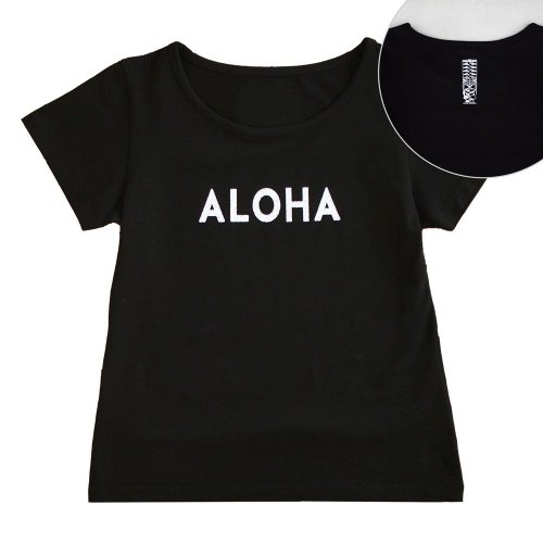 【4Lサイズ】半袖 黒色 フラTシャツ ［フロント ALOHA / バック ティキ］