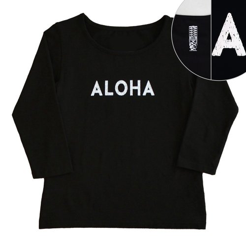 【4Lサイズ】七分袖 黒色 フラTシャツ ［フロント かすれ ALOHA / バック ティキ］