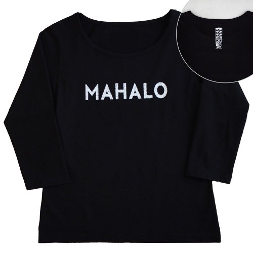 【3Lサイズ】七分袖 黒色 フラTシャツ ［フロント MAHALO / バック ティキ］