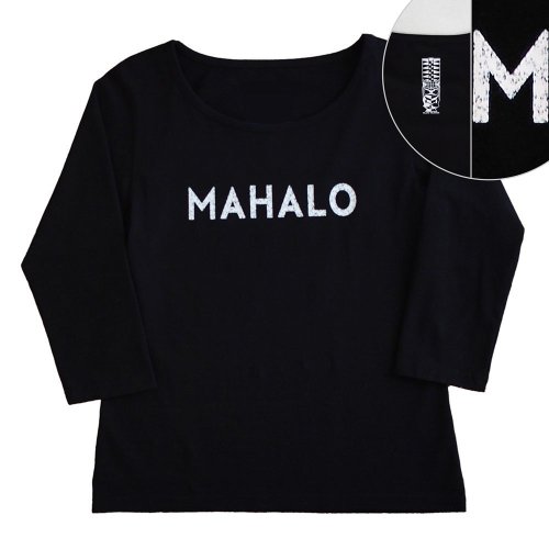 【5Lサイズ】七分袖 黒色 フラTシャツ ［フロント かすれ MAHALO / バック ティキ］